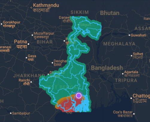 StormSense risk map screenshot from the Cyclone Remal historical case study, showing colour-banded severe-weather risk bands across West Bengal districts